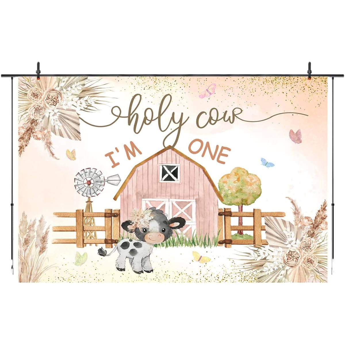 Holy Cow I'm One Birthday Backdrop for Girls Boho Pampas Grass Barn Farm Photography Background Decoration Girls 1st Birthday Party Cake Table Banner 7x5ft