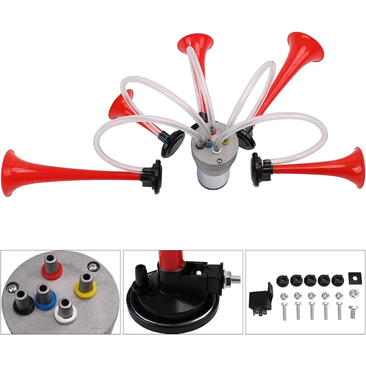 AOLIHAN Musical Air Horn Loud Five Trumpet La Cucaracha Music Sound Horn Full Complete Kit with Mounting Wires and Buttons Red 12V (LACUKARACHA Kit)