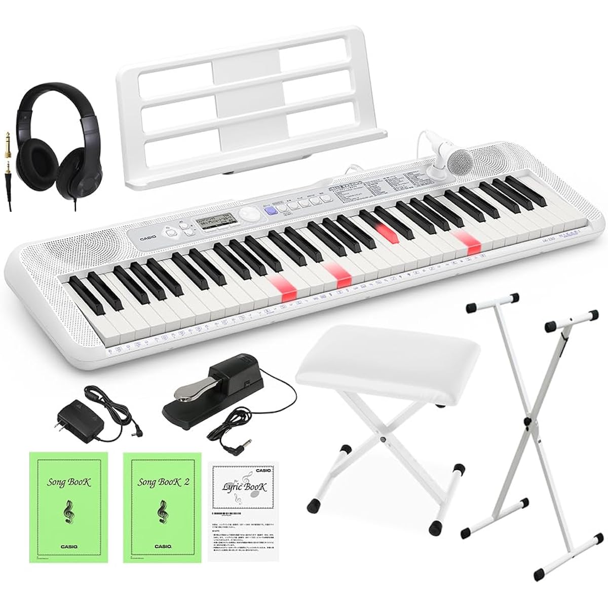 CASIO LK-330 Light Navigation Keyboard 61 keys White stand, white chair, headphones, pedal set Casio