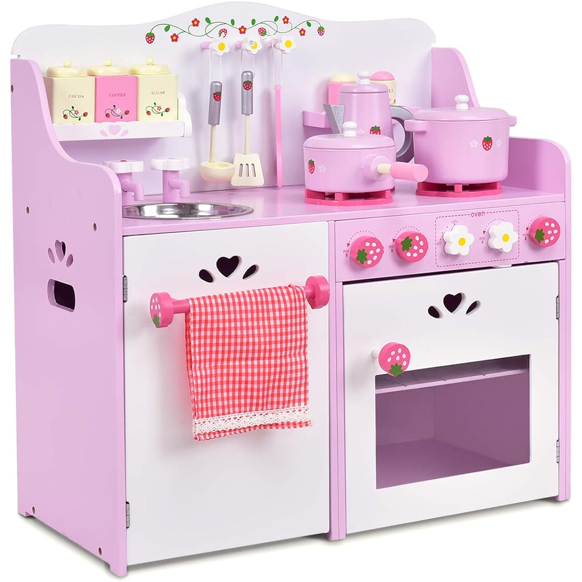 Costzon Kids Kitchen Playset, Wooden Pink Strawberry Theme Pretend Play Set with 13 Utensils, Realistic Sounds, Pots, Pans, Sink, Oven, Kitchen Set, Gifts for Toddlers, Girls