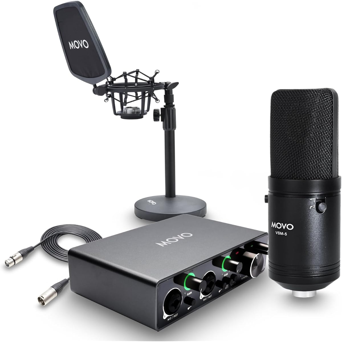 Movo VSM-5 Large Diaphragm Professional Condenser Microphone Kit with MDX-1 2x2 Audio Interface Tabletop Mic Stand Podcast Equipment Set for YouTube, Podcasts, Streaming, Guitar, Vocals