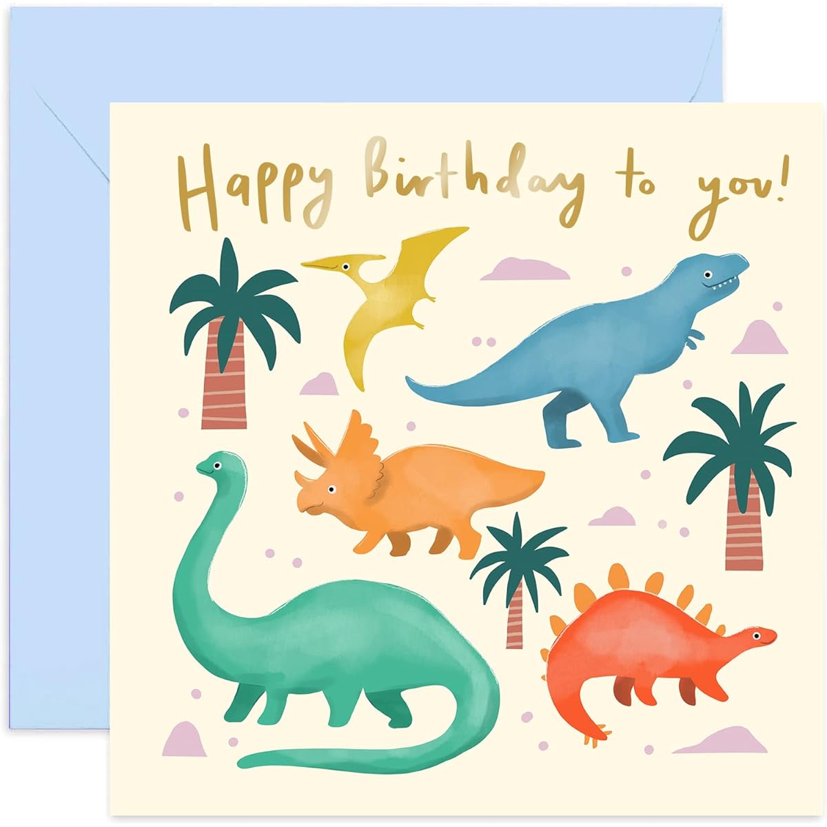 Old English Co. Pastel Dinosaur Birthday Card - Gold Foil Greeting Card for Kids | For Boys and Girls | Blank Inside & Envelope Included