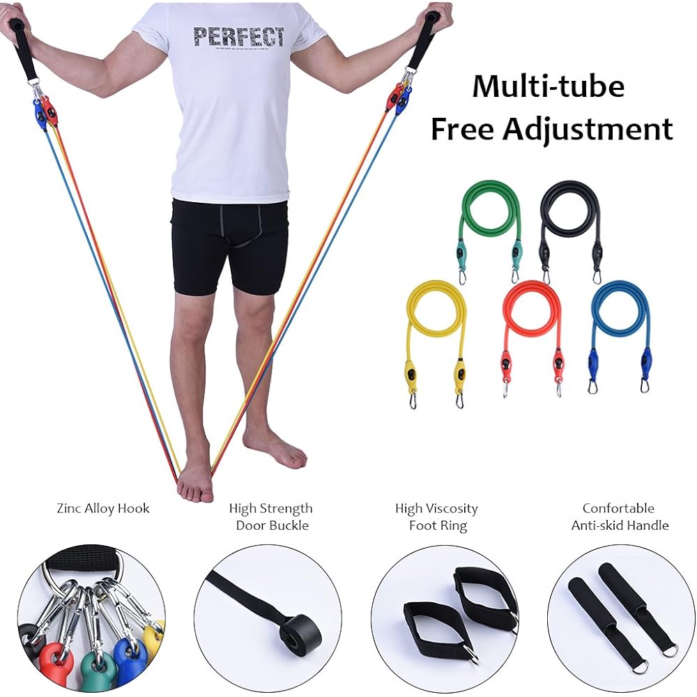 Yosoo Fitness Tube Training Tube Set of 5, 5 Levels of Resistance, Muscle Training, Lack of Exercise, Fitness, Shape Up, Stretching, 11 Piece Set, Storage Pouch Included