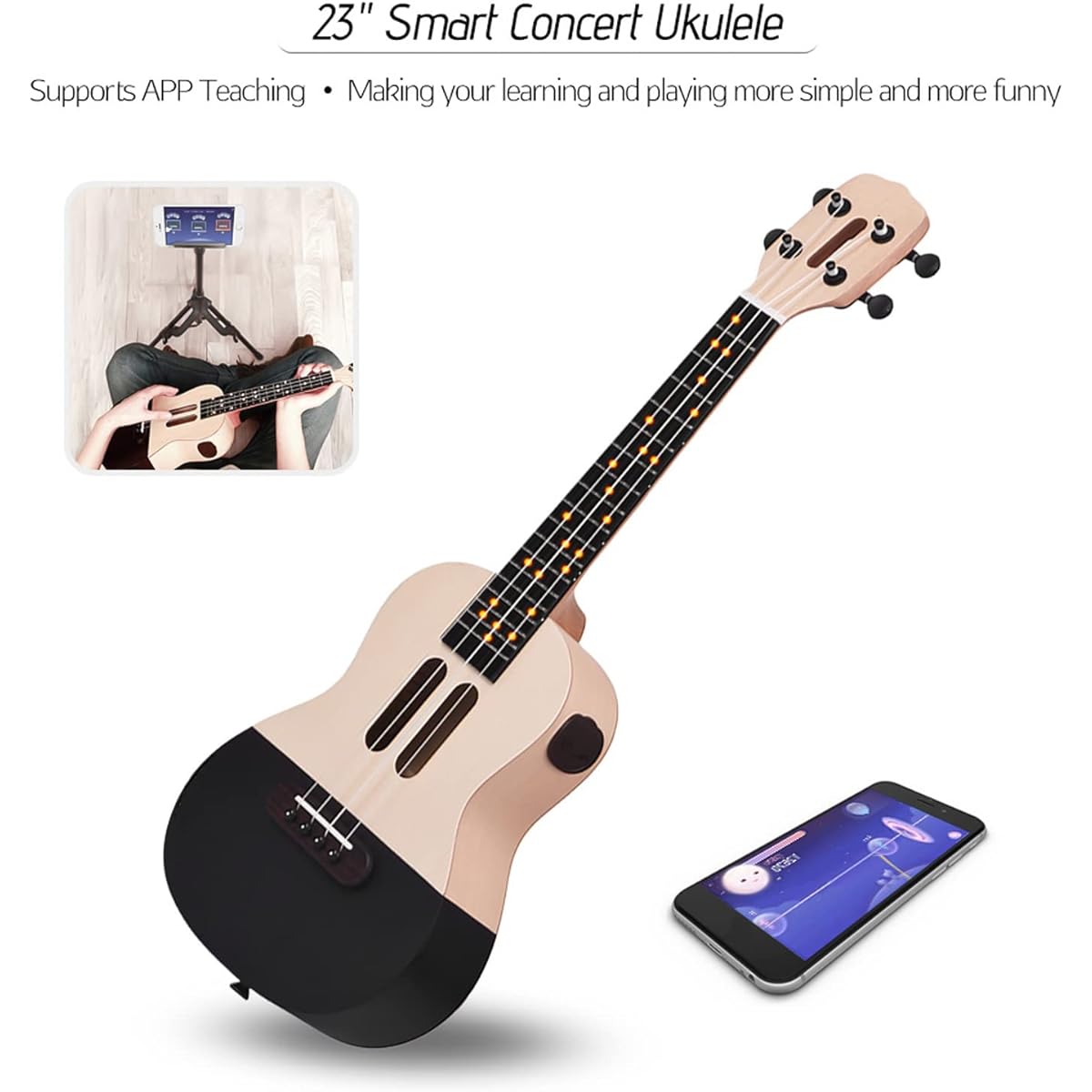 Btuty 23 Inch Smart Concert Ukulele with App Teaching Function, Carbon Fiber Body, ABS Fingerboard with LED Light for Beginners (Spruce Wood Panel)
