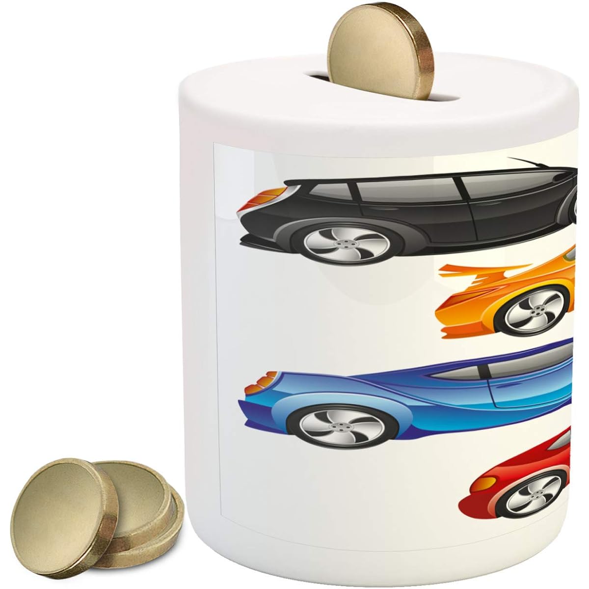Lunarable Cartoon Piggy Bank Modern Automobile Rally Colorful Design Urban Car Sport Race Speed Theme Ceramic Coin Bank Cash Saving Money Box 3.6" x 3.2", Multicolor