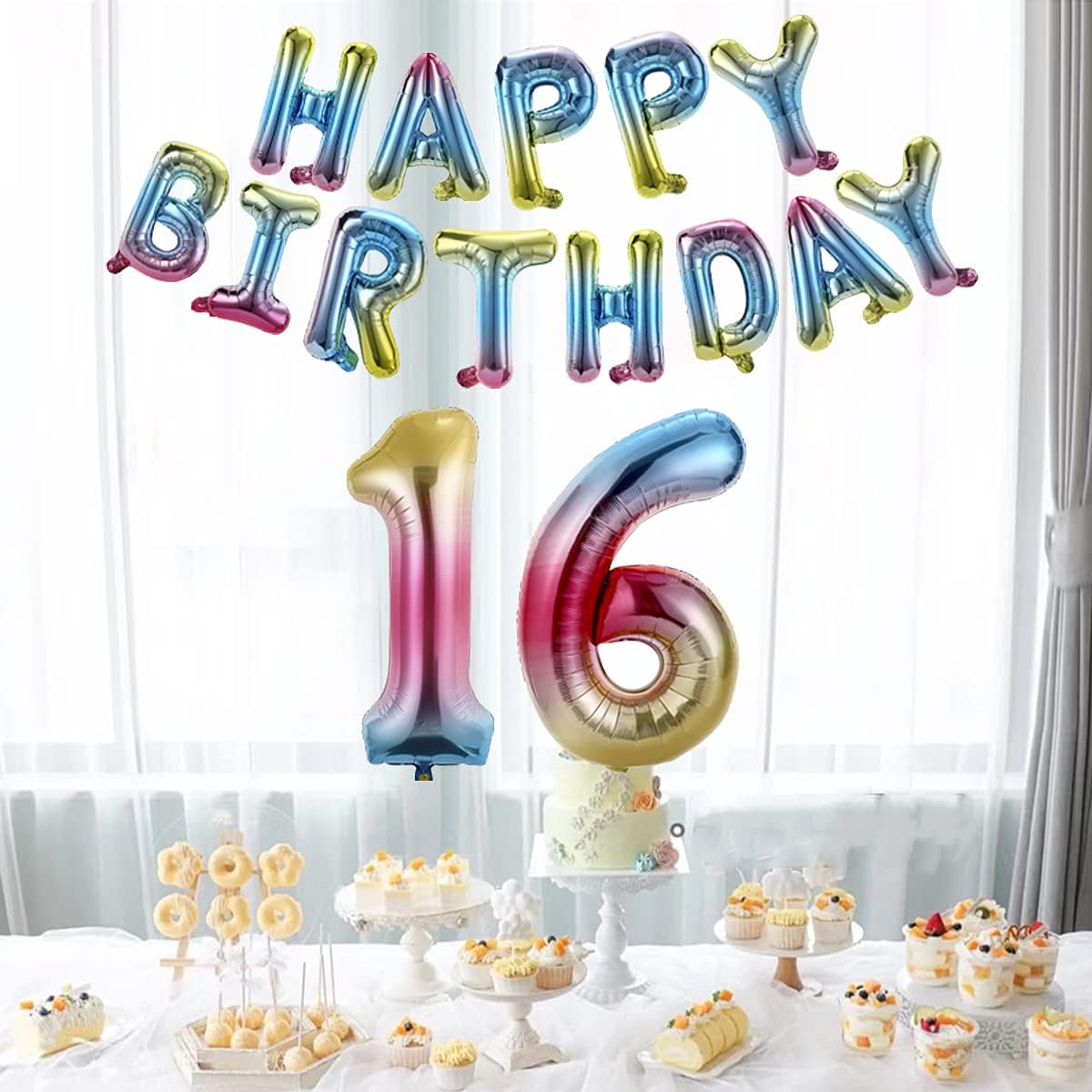 Birthday 101.6cm Happy Birthday Number 16 Banner Balloon Letter Rainbow Theme Gradient Colorful, Banner Aluminum Foil Letter Balloon Party Decoration