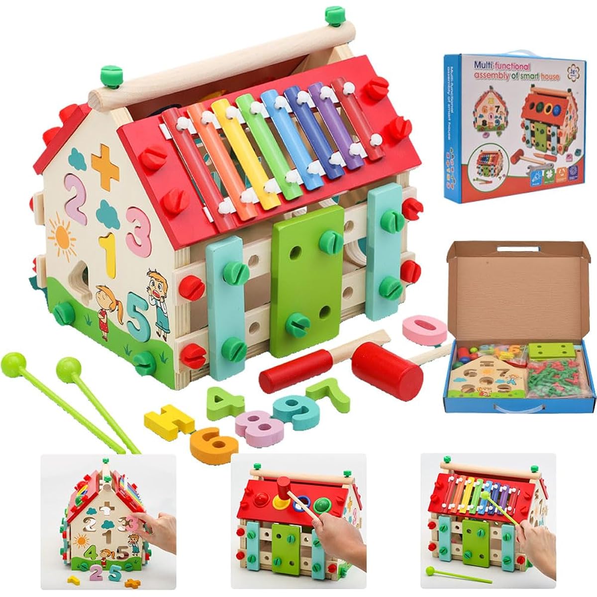 Aozzy Wooden Montessori Busy House Toy with Removable Tools Digital Screw Xylophone Toddler Sensory Toy Preschool Educational Activity Cube Fine Motor Skills Birthday Gift for Toddlers