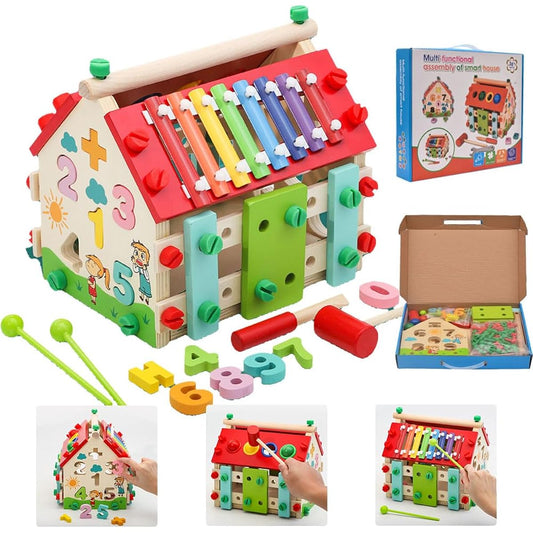 Aozzy Wooden Montessori Busy House Toy with Removable Tools Digital Screw Xylophone Toddler Sensory Toy Preschool Educational Activity Cube Fine Motor Skills Birthday Gift for Toddlers