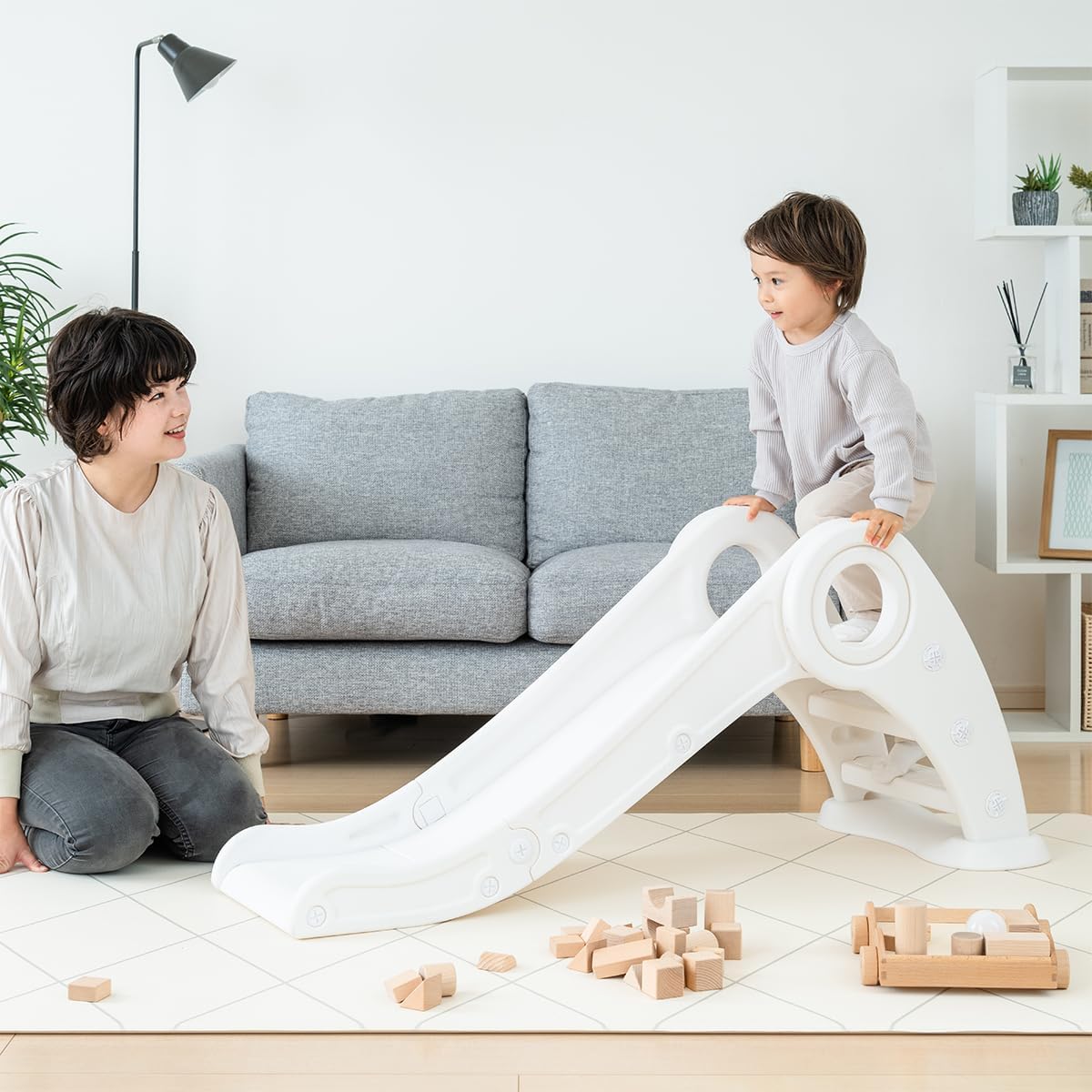Nebio Slide Indoor Playground Equipment, Load Capacity 50kg, Long & Gentle Slope Folding Slide (White)