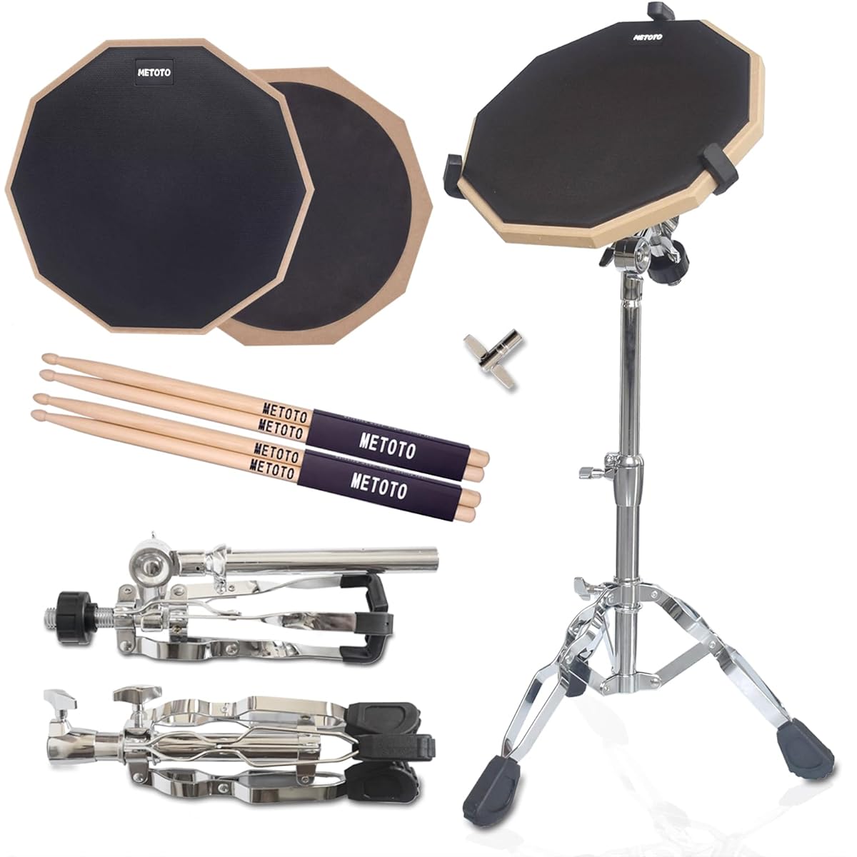 METOTO Snare Drum Practice Pad Kit with Stand, 12" Double-Sided Practice Drum Pad Set, Adjustable Height 14.5~23" Snare Drum Stand with Drum Pad and Sticks