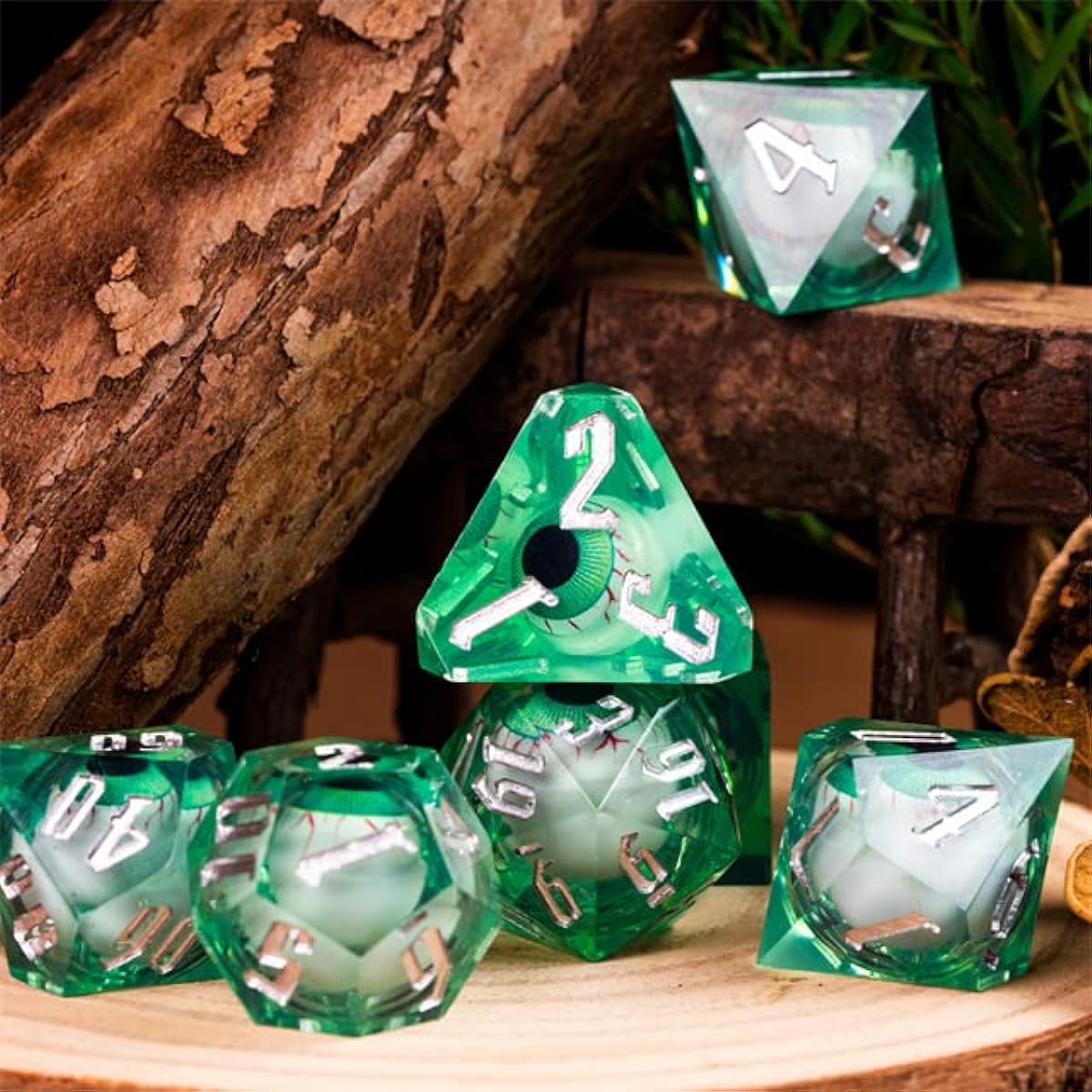 Green Beholder Eyeball Sharp DND Dice Set with Leather Dice Box Dungeons & Dragons D&D Sharp Edge D20 Polyhedral Resin Dice Dungeons & Dragons Gift Accessories