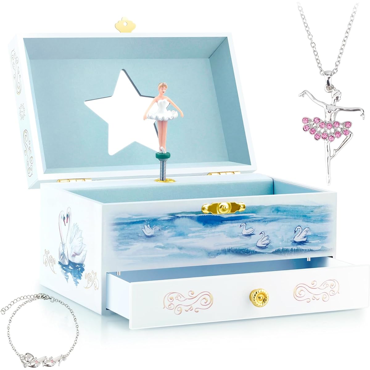 RR ROUND RICH DESIGN Kids Musical Jewelry Box with Cute Jewelry Set and Storage Drawer, Elegant Ballet Girl Theme - Swan Lake Tune, White