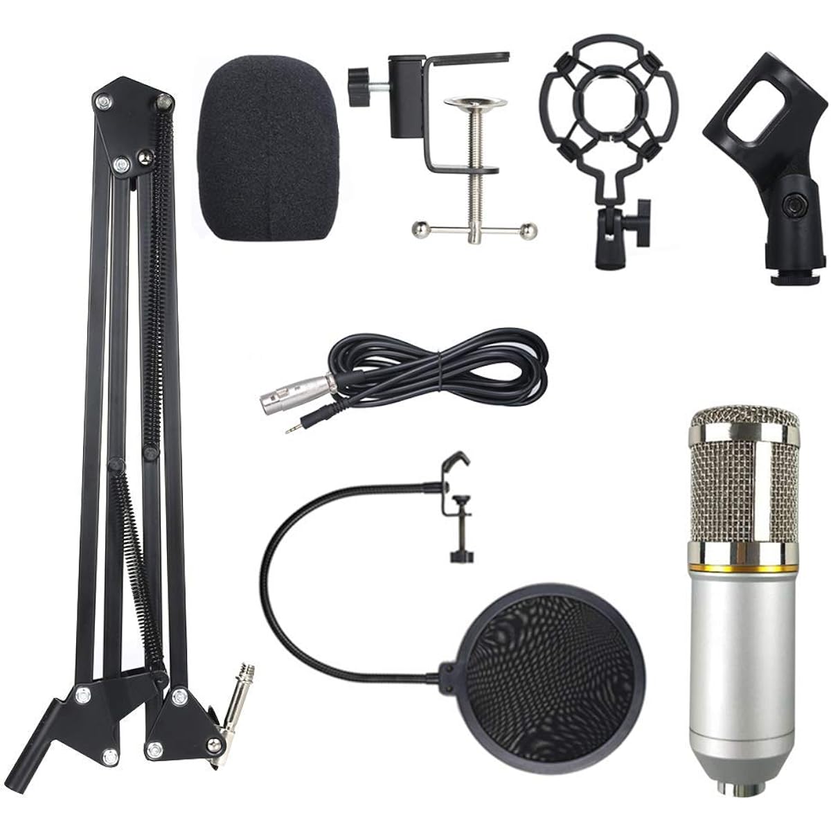 Professional Suspension Microphone Kit Studio Live Stream Broadcast Recording Condenser Microphone Set of 2 Silver Vocal Mic