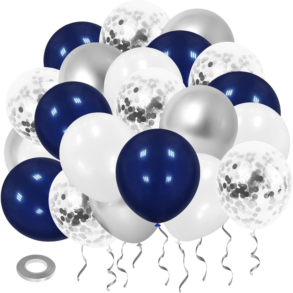 Navy Blue & Silver Confetti Balloons Party Decorations, 12" Metallic Silver and Pearl White Balloons for Birthday Wedding Baby Shower Bridal Shower Party Supplies Latex Balloons (50pcs)