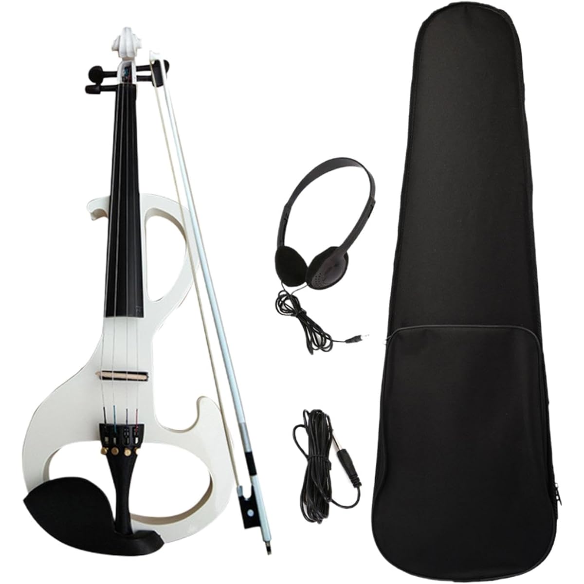 Kioware Electric Violin, Solid Wood Silent Electric Violin Instrument, 4/4 Size Violin Bow with Fittings for Beginners, White