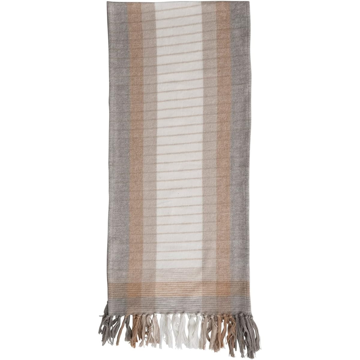 Creative Co-Op Cotton Flannel Table Runner with Fringe in Grey, White, Beige and Plaid