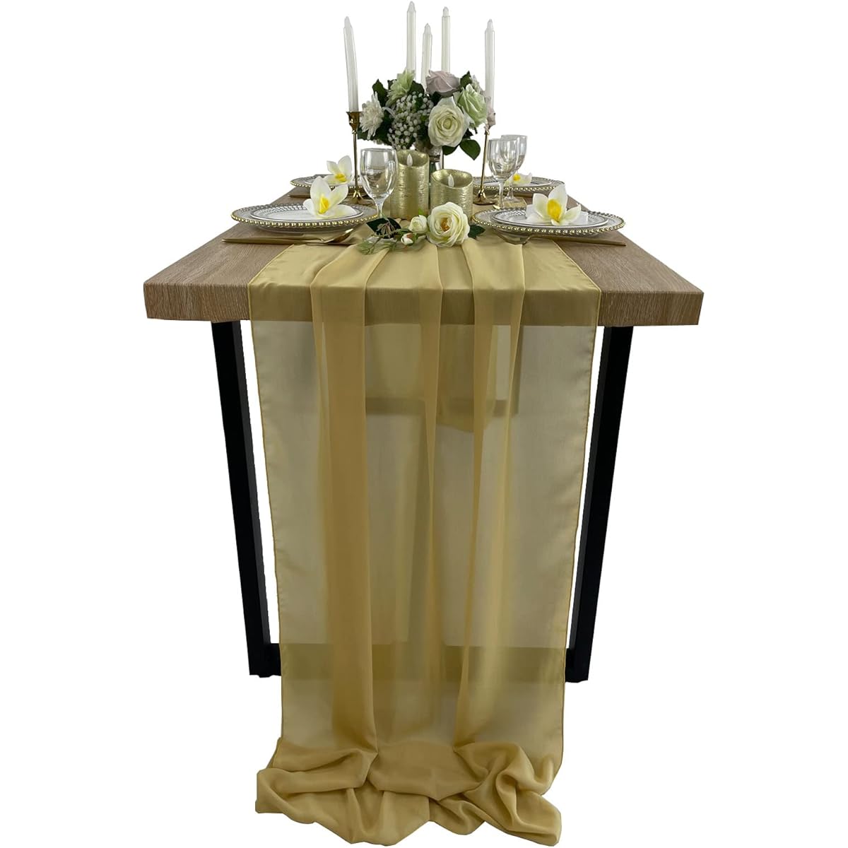 EH Linen 10ft Chiffon Table Runner 27x120inch Romantic Sheer Wedding Table Runner Top Table Bridal Party Decoration Champagne Gold 10ft