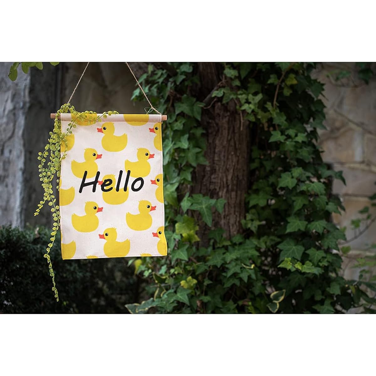 Moslion Hello Duck Garden Flag, Double Sided Duck Toy for Baby Shower Kids Cute Animal Yard Flags 12.5x18inch Burlap Banner Home Decoration Outdoor Villa