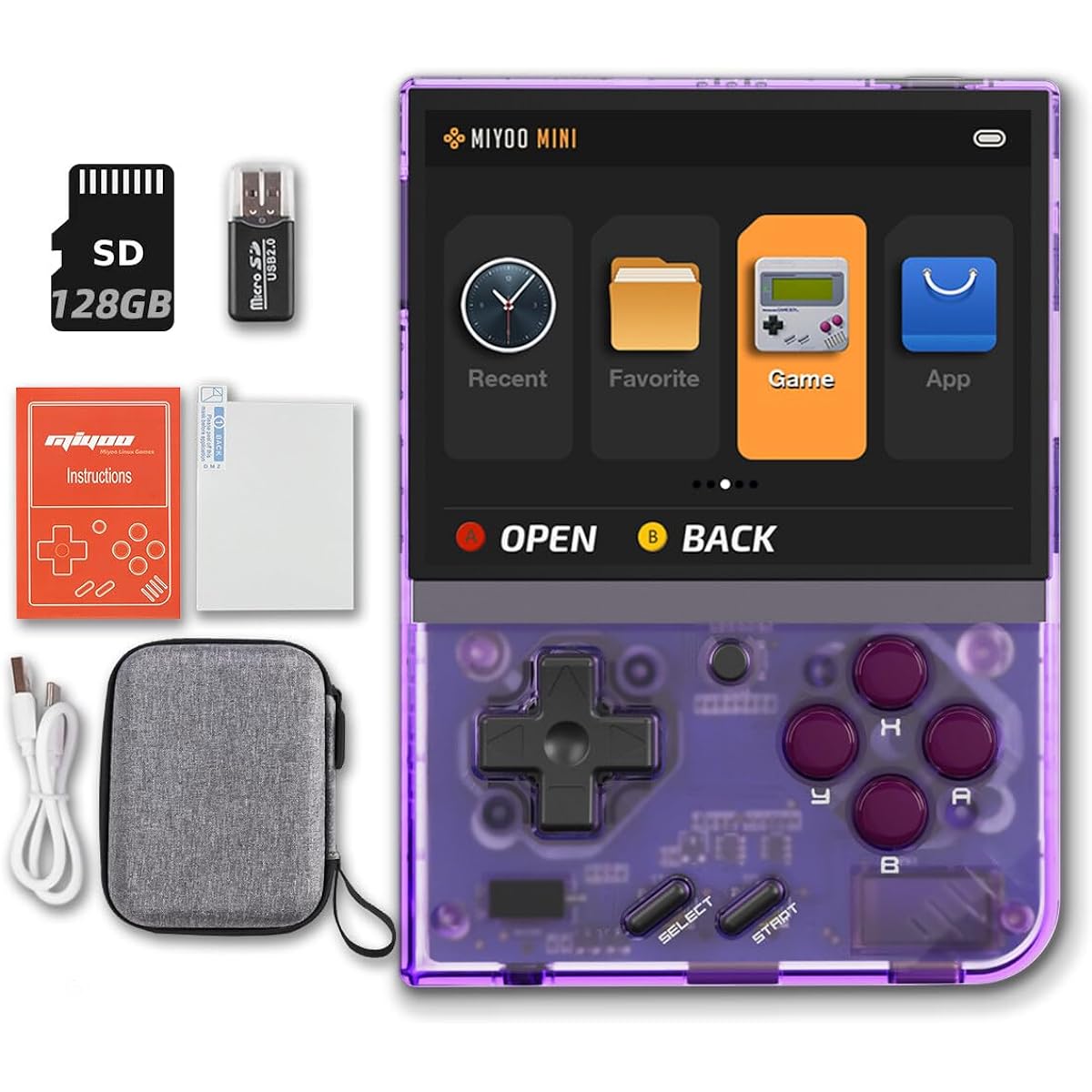 EWDGOES Miyoo Mini Plus 3.5 Inch Handheld Game Console with Portable Case Transparent Purple