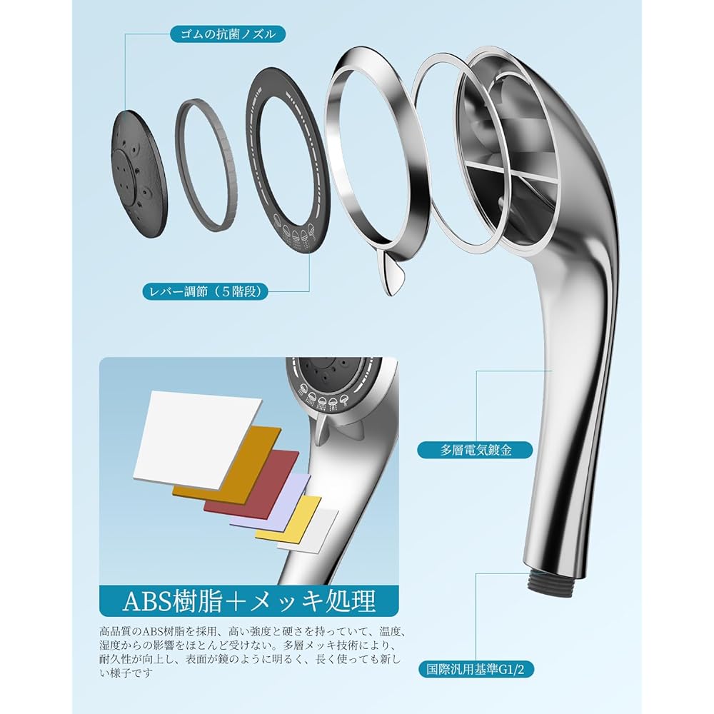Shower Head Mist Micro Nano Bubble Water Saving Shower Head 5 Stage Mode High Cleaning Power Strong Water Pressure Moisturizing Moisture Beautiful Hair Beautiful Skin Scalp Care Clean Pore Dirt Removal Bath Items Easy to Install (Silver)