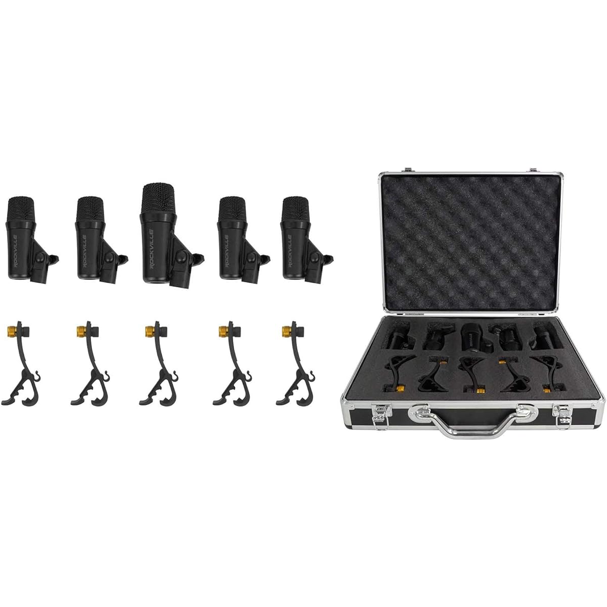 Rockville PRO-D5 5-piece drum microphone set with metal bass + snare microphone + clip