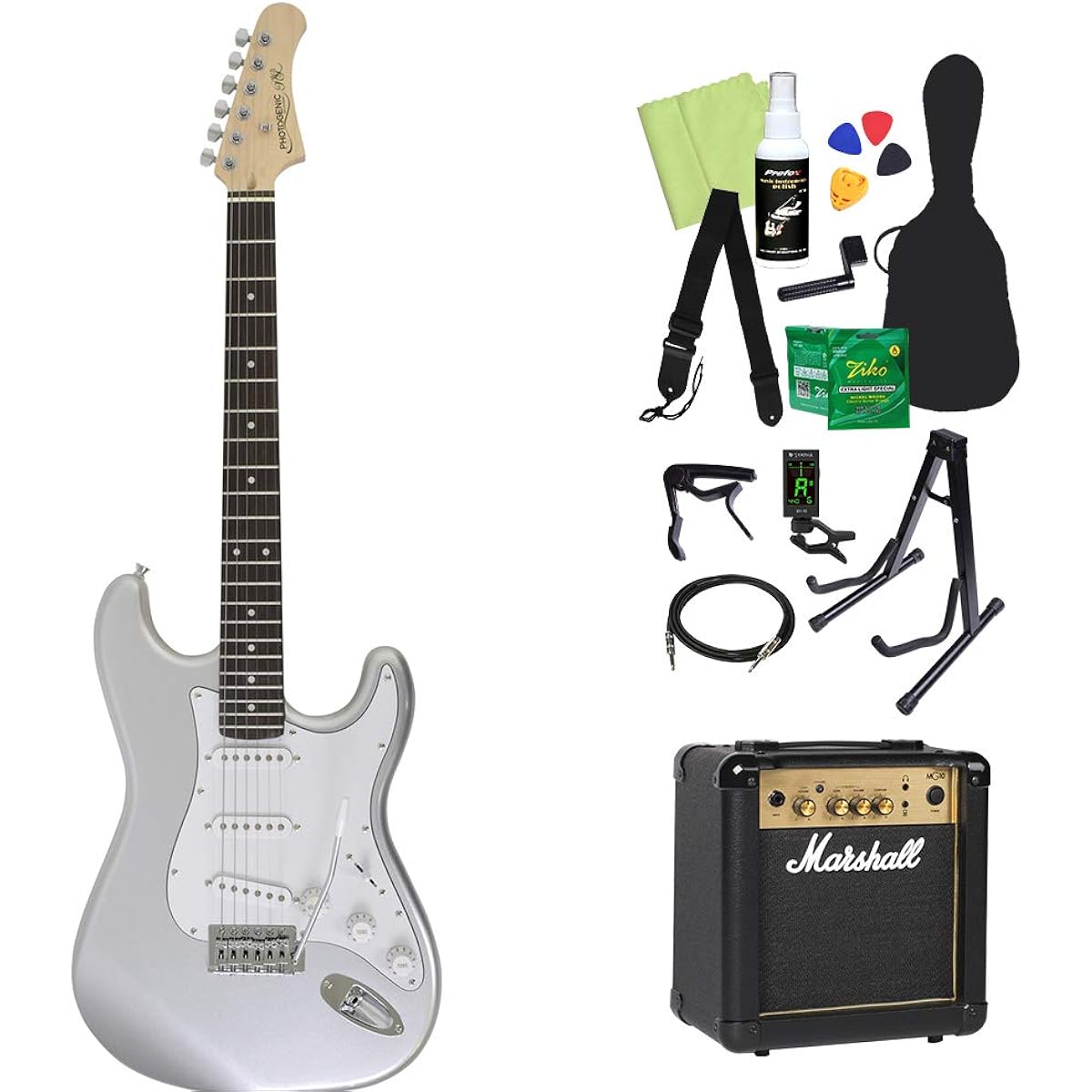 Photogenic ST-180 SV Electric Guitar Beginner 14-piece Set [Includes MG10] Stratocaster Type Silver Photogenic