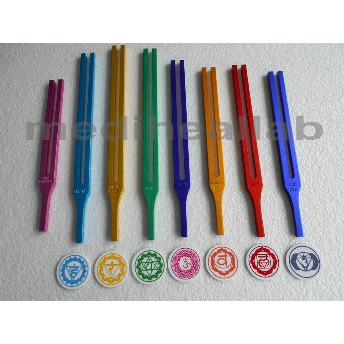 OM Industries 7 Chakra Color Therapy Tuning Fork Chakra Sign + Soul Purpose Free