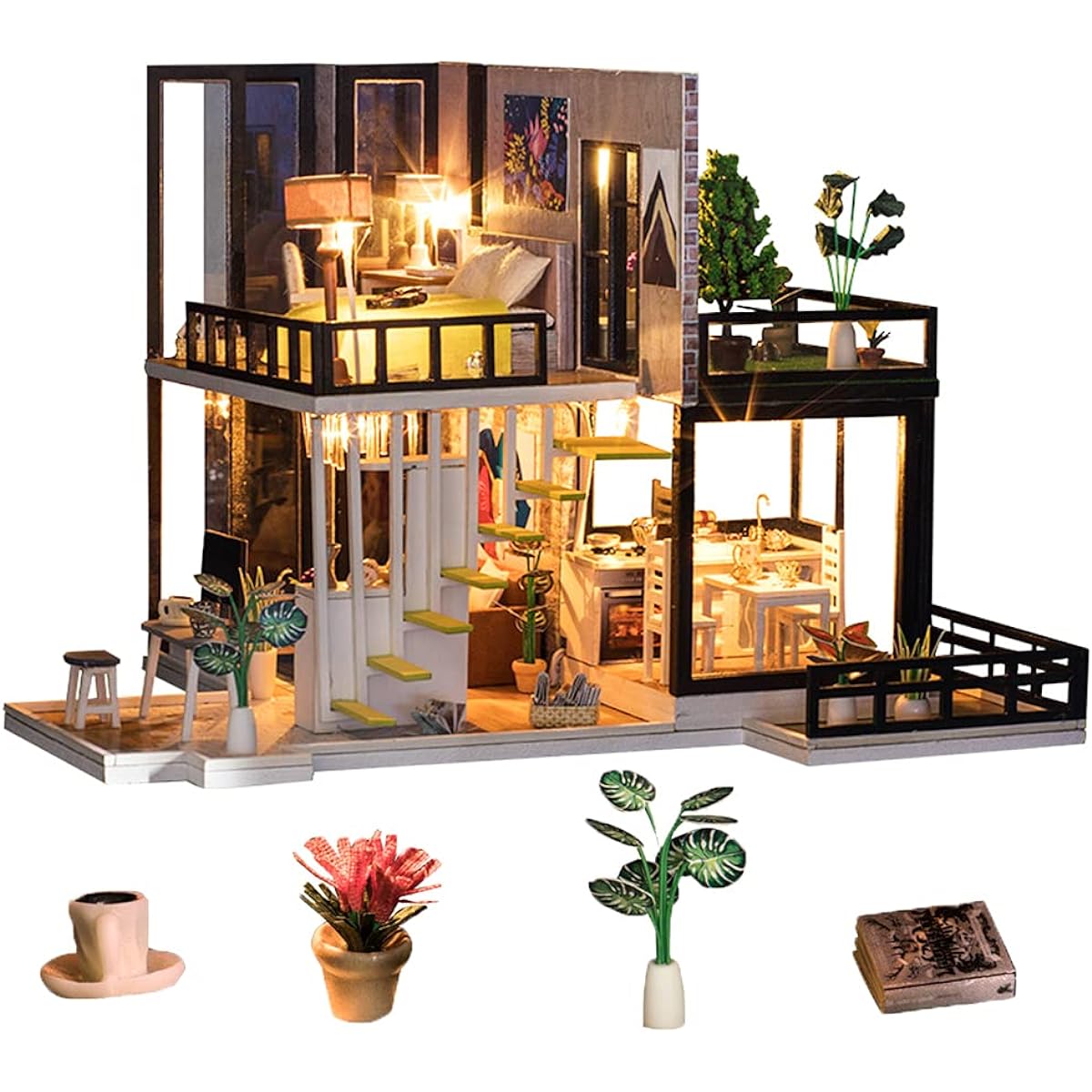 SPILAY DIY Miniature Dollhouse Wooden Furniture Kit Handmade Mini Modern Villa Model with Dust Cover & Music Box 1:24 Scale Creative Dollhouse Toys for Adults Teenagers Ideas Gifts (September Fore)