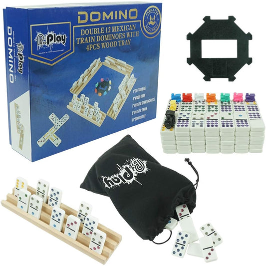 PUREPLAY Mexican Train Domino Set - Double 12 Color Dot Dominoes - 91 Tiles with 9 Trains, 4 Wooden Trays and Storage Bag for 2-8 Players, Ages 8+