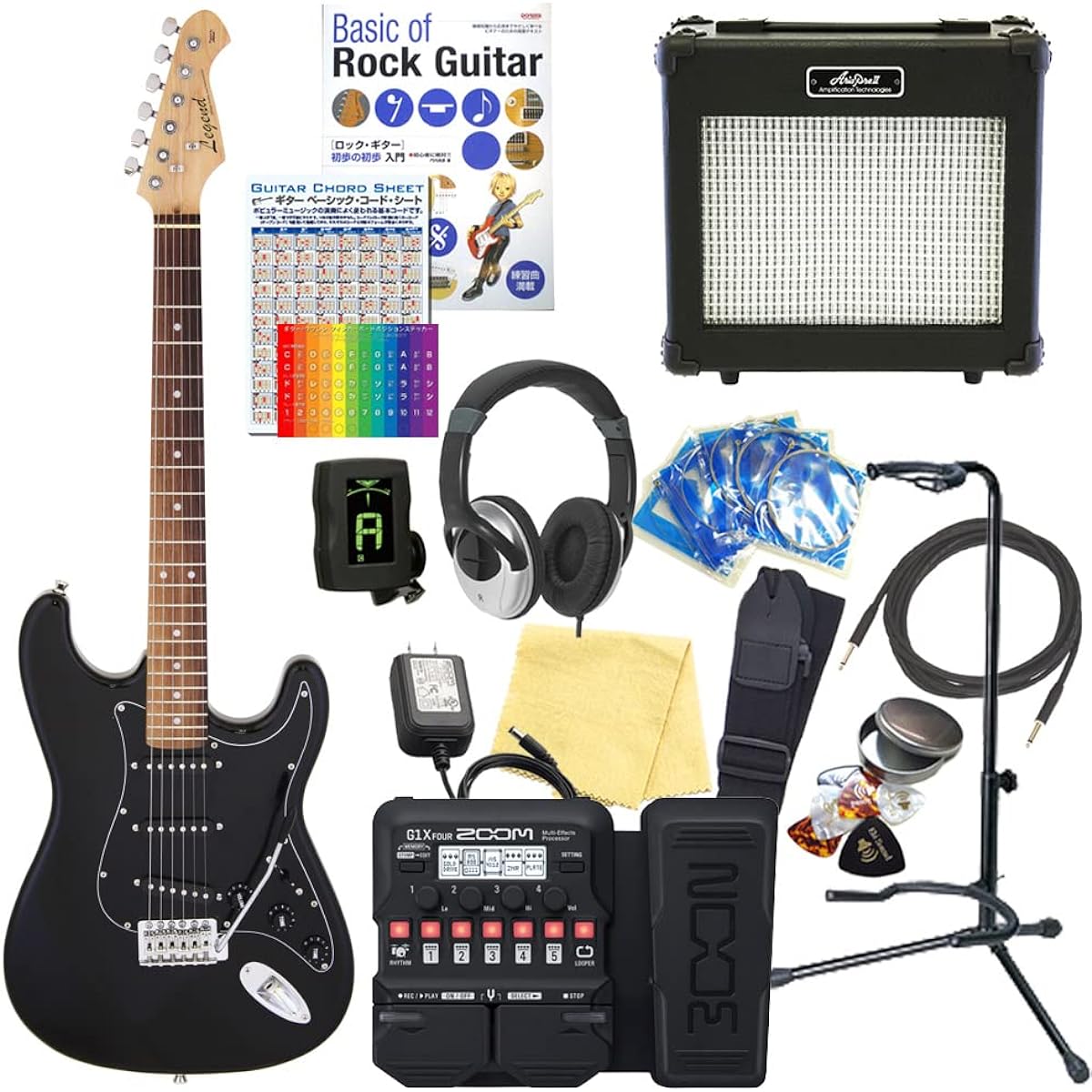 Electric Guitar Beginner Set Stratocaster Type 18-piece Set Legend LST-Z BBK [ZOOM G1XFour Multi-Effector Included]