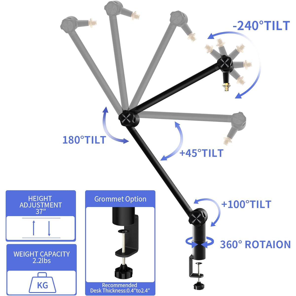 SKAEHP Microphone Boom Arm [Sturdy and Stable] [360 Degree Adjustable] Boom Arm Stand with 3/8" to 5/8" Adapter Heavy Duty Microphone Stand for Radio Studio Podcast Gaming (AS-0) (Mic Boom)