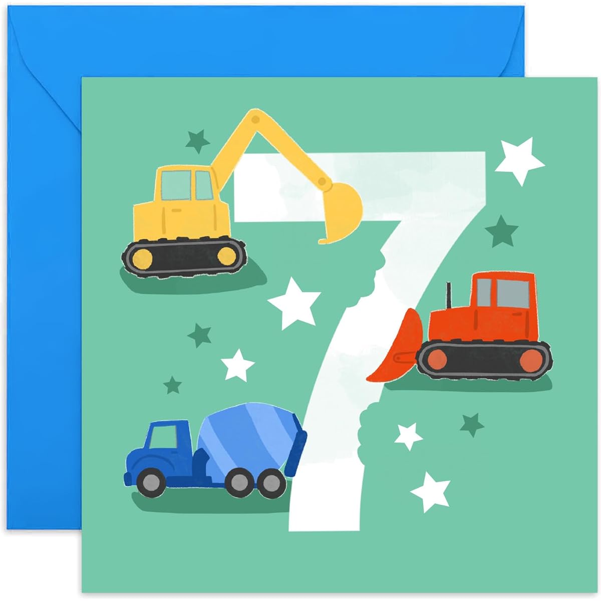 Old English Co. First Birthday Card for Boy or Girl - Happy 7th Birthday Card - Digger Tractor Construction Vehicle Theme - Age 7 - Grandson, Son | Blank Inner Envelope