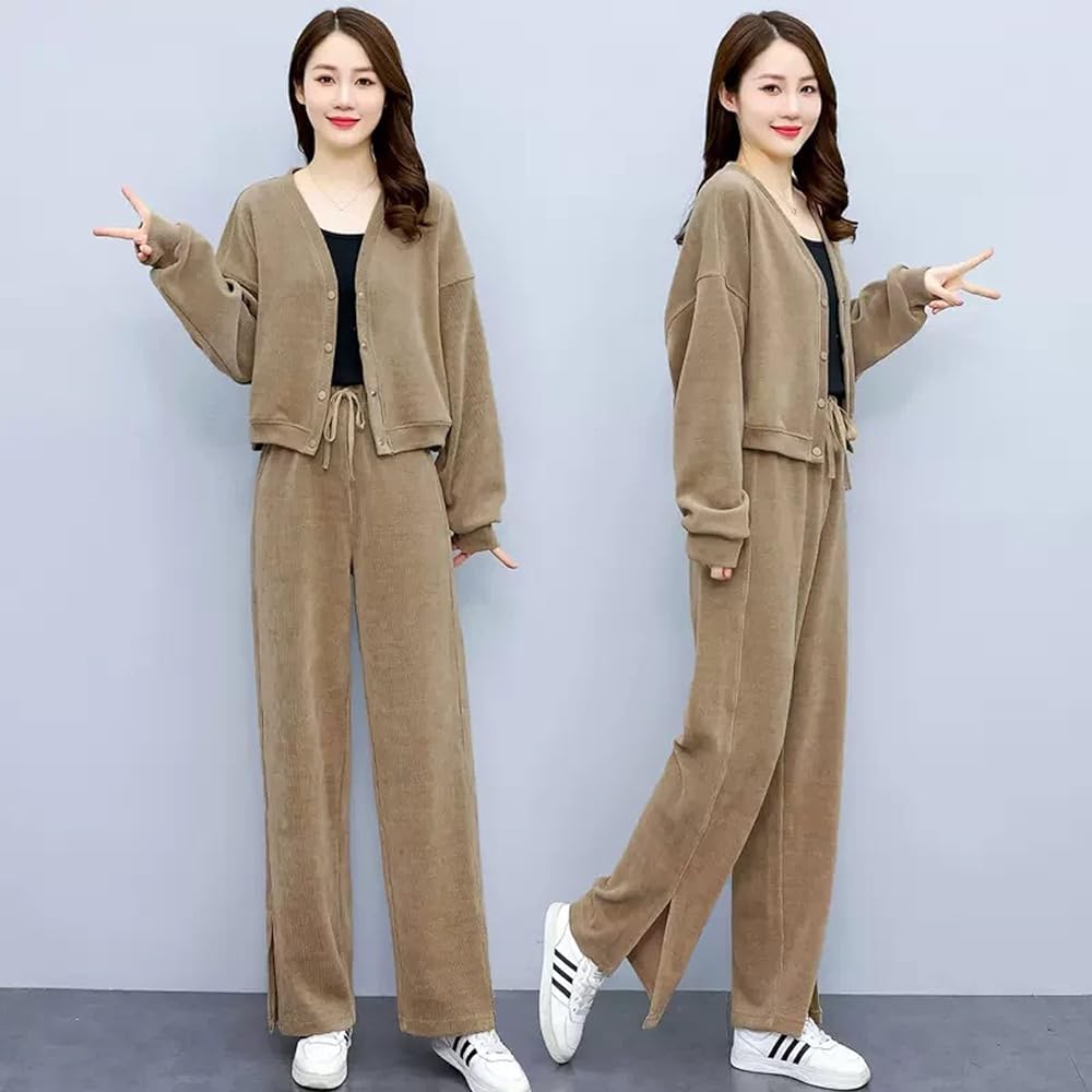 [YY-Natuhi] Setup 2 Pieces Knit Women's Coat Long Pants Slit Cut and Sew Loose Large Size Spring Autumn Winter V Neck Adult Beautiful Legs Plain Office Commuting Lounge Wear Sports