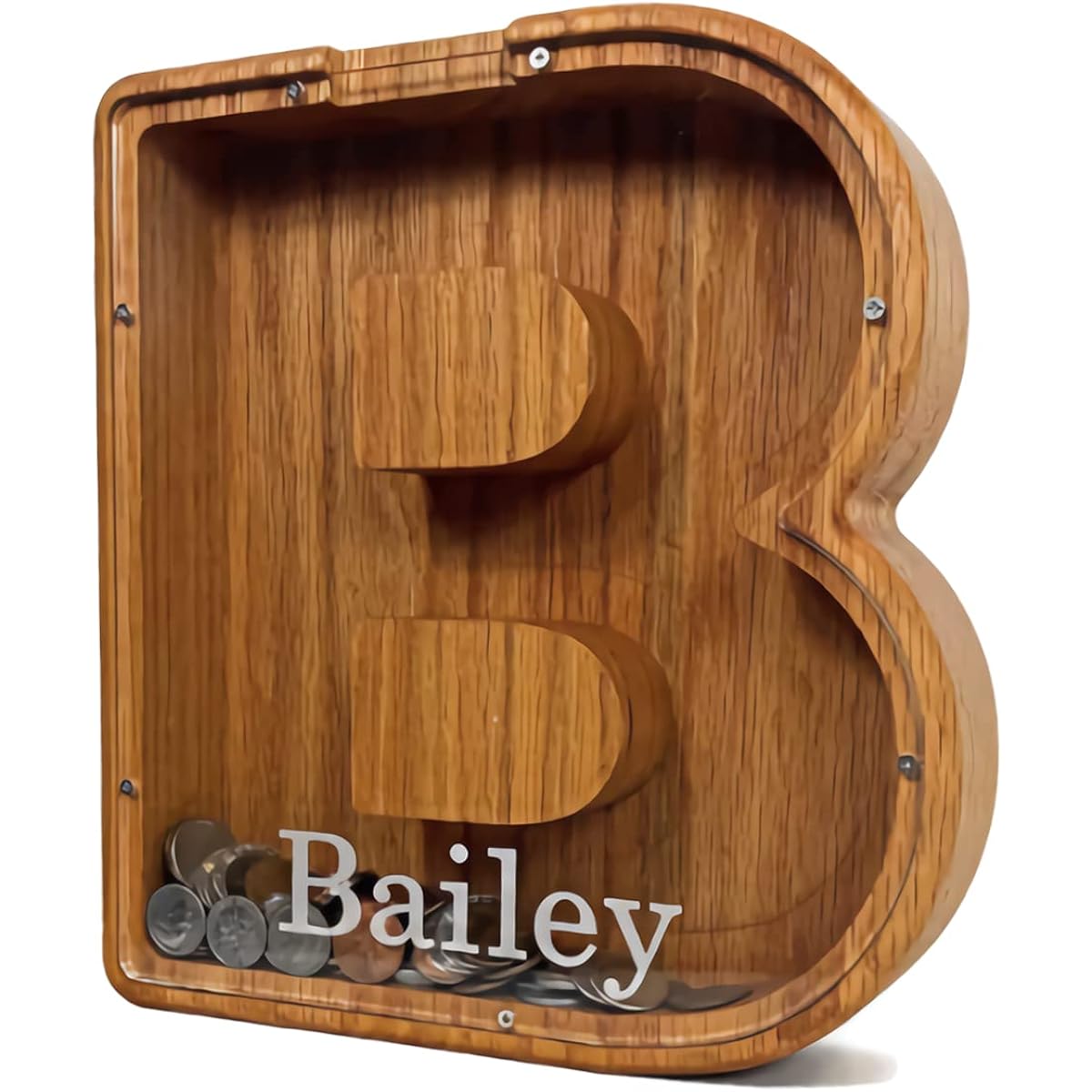 Personalized Wooden Piggy Bank Gift Coin Bank Laser Engraved Name 26 English Letters DIY Decoration Practical Gift for Birthdays and Christmas (B)