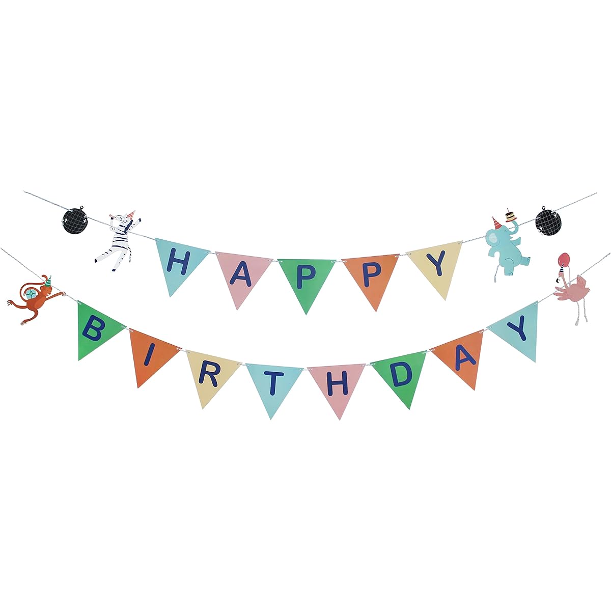 Party Animals Happy Birthday Banner | Zebra, Flamingo, Elephant, Monkey | Toddler Birthday Party Decorations