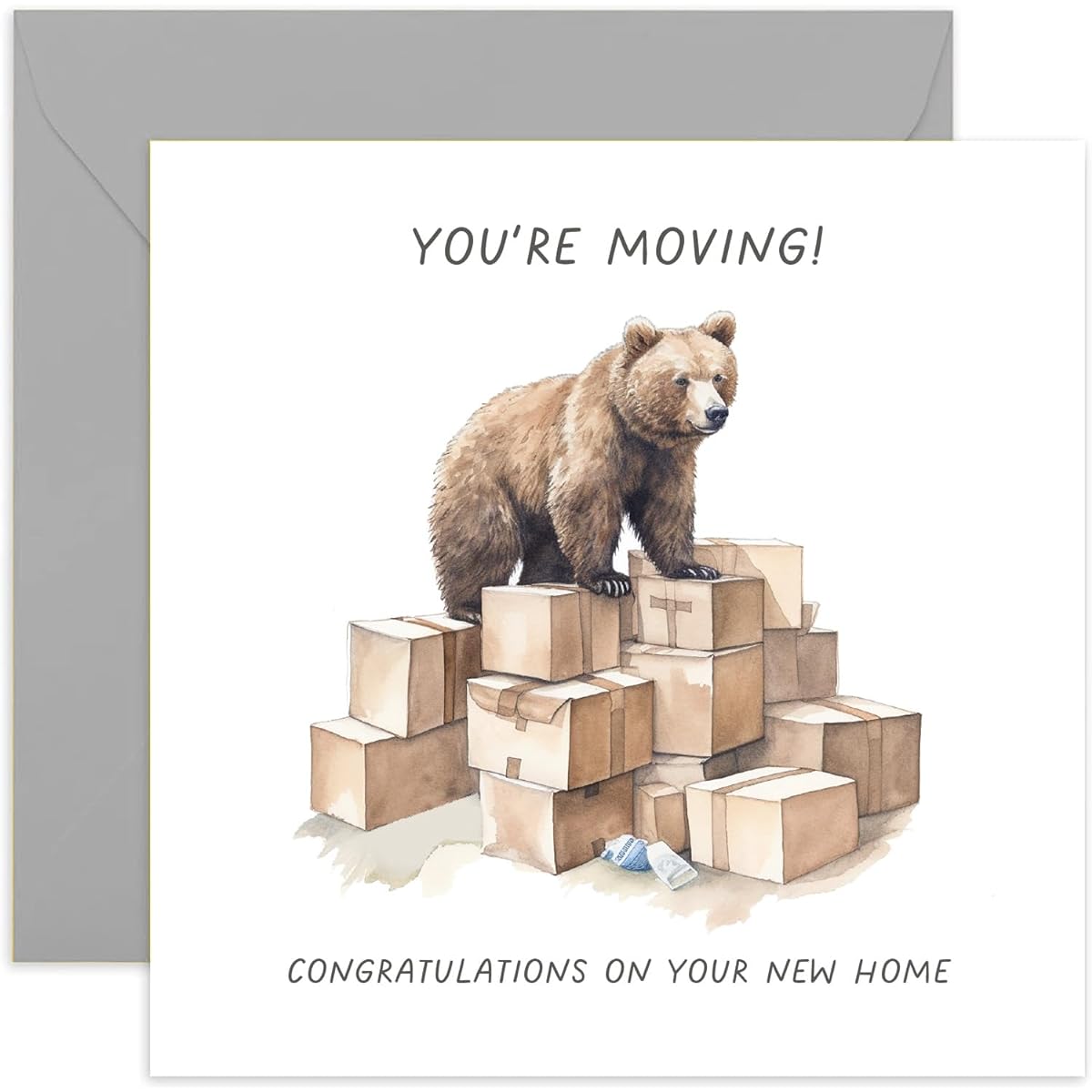 Old English Co. Fun Brown Bear New Home Card for Couples - "You're Moving" Bear Moving Box Moving Cards for Him and Her - Cute Moving Cards for Friends and Family | Blank Inside, Envelopes Included