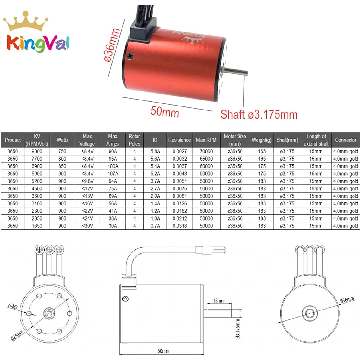 KingVal Replacement 3650 3600KV Waterproof Brushless Motor Shaft 3.175mm Compatible with 1/10 RC Car