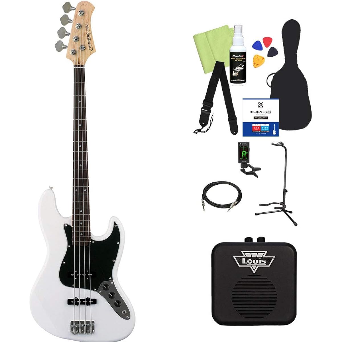 Photogenic JB-240/B3P WH Bass Beginner 12-piece Set [With Mini Amplifier] Jazz Bass Type Photogenic