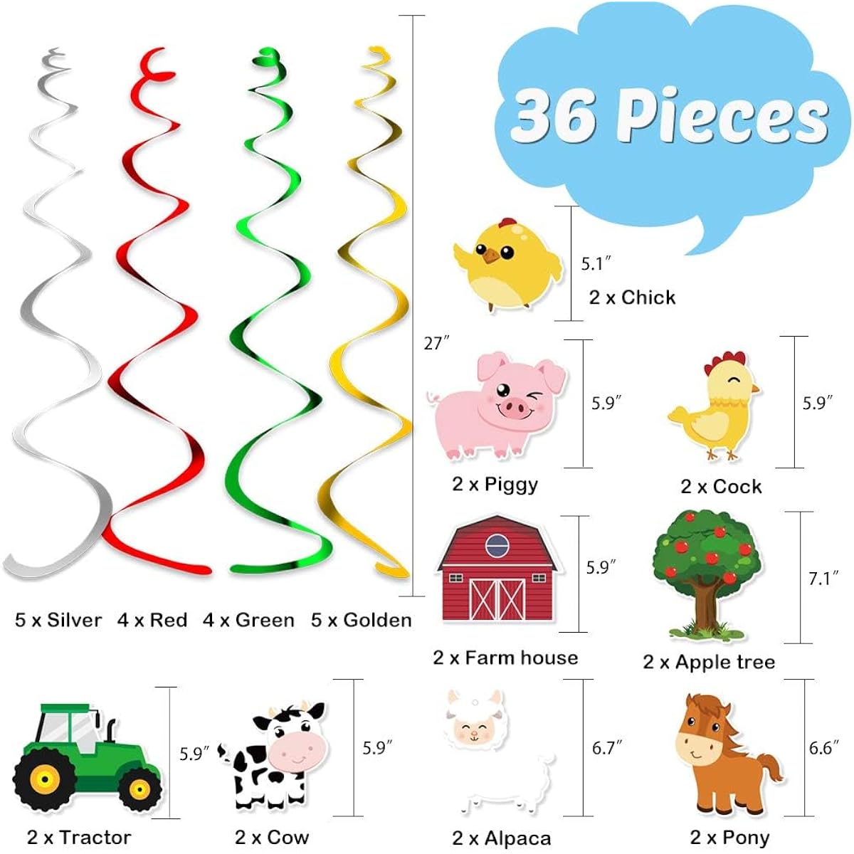 WERNNSAI Farm Animals Hanging Party Decorations - Barnyard Theme Party Supplies Hanging Swirls Kids Birthday Baby Shower Decor