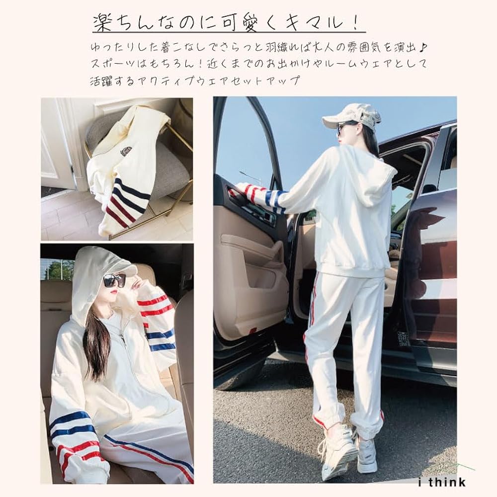 [i think] Thin Sweatshirt Setup Jersey Top and Bottom Set Striped 2 Lines Women's Loungewear Sportswear S~2XL