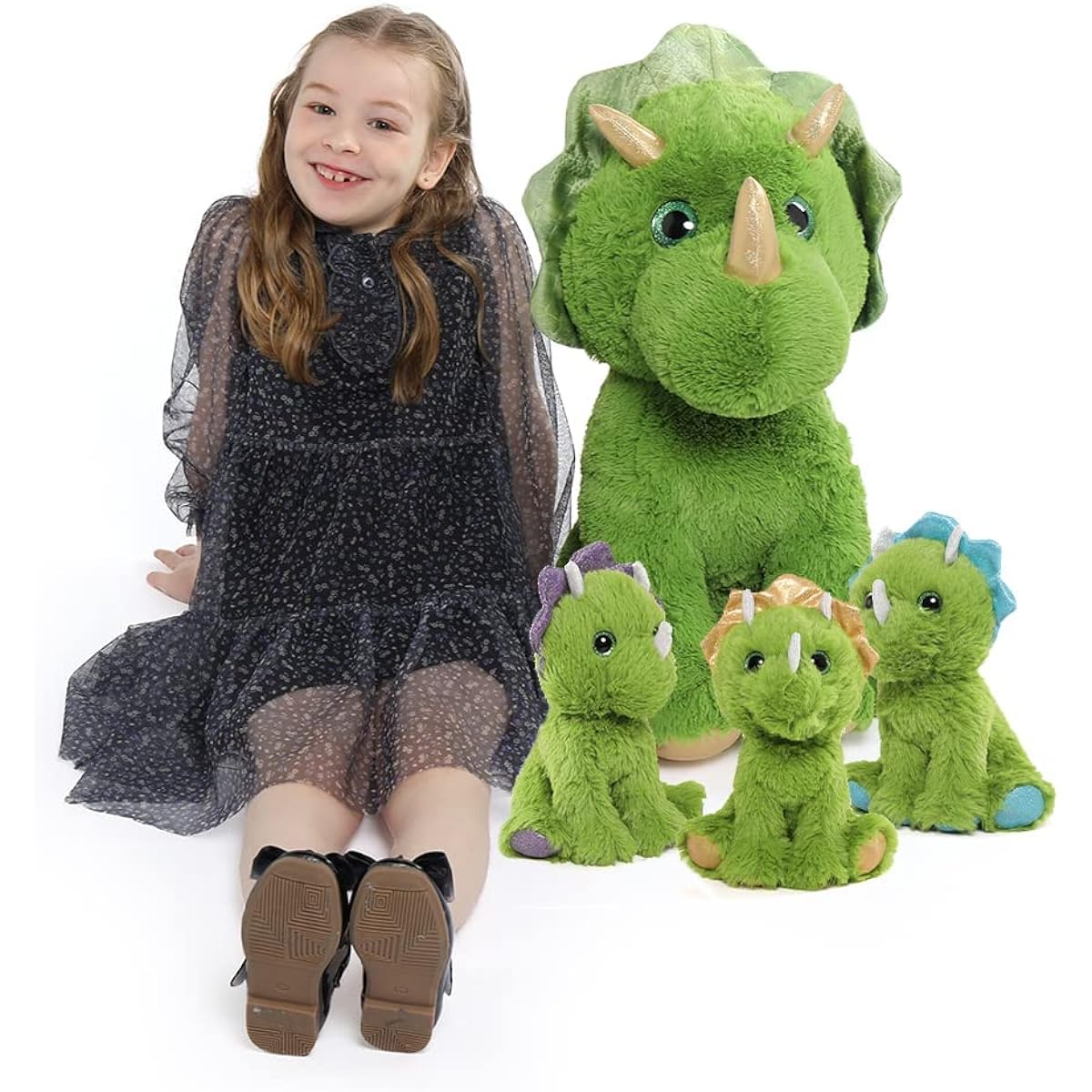 Muiteiur Triceratops Stuffed Animal Giant Dinosaur Plush Toy with 3 Little Baby Dinosaurs Green Triceratops Plush Toy for Kids 24.5 Inch