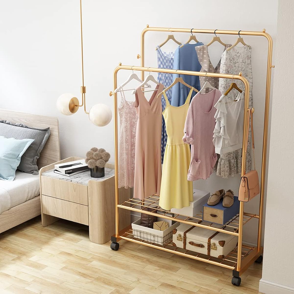 Thick Forest 2 Tier Clothes Rack with Casters Clothes Rack Rolling Rack Metal Rolling Clothes Rack with 2 Tier Shelves Clothes Storage Organizer (Gold)