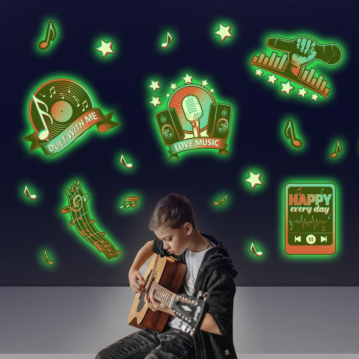 TOARTI Grow in the Dark Wall Sticker Luminous Music Wall Decal Instrument Sticker Piano Guitar Saxophone Drum Music Room Music Party Decoration
