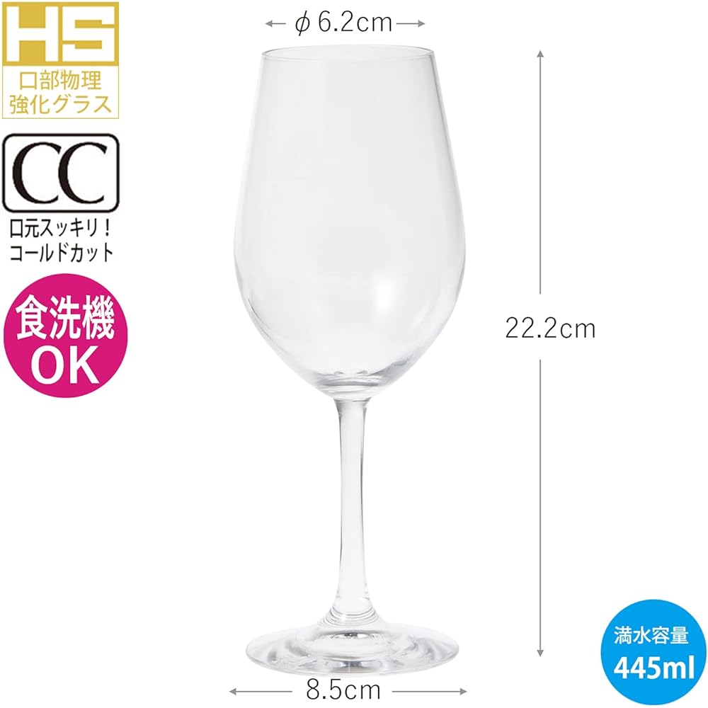 Toyo Sasaki Glass Wine Glass, Reception Wine, 445ml, 6 Pieces, Physically Strengthened Mouth Glass, Compatible with Red and White, Unbreakable, Made in Japan, Dishwasher Safe, Stylish, 30K35HS