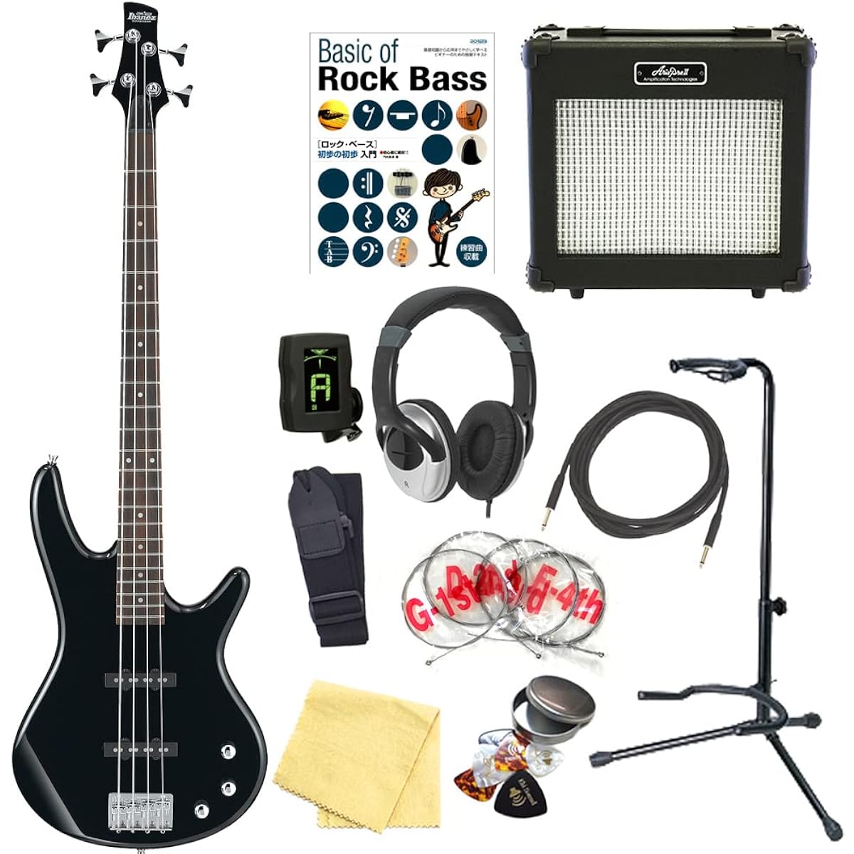 Ibanez GSR180 BK 4-string electric bass guitar for beginners, 13-piece set