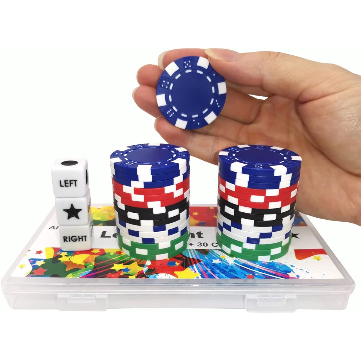 Left and Right Center Dice Game Prime Set 3 Dice + 30 Professional Poker Chips 11.5g Casino Chips Left and Right Center Dice Game with Large Poker Chips (5 Mixed Colors)