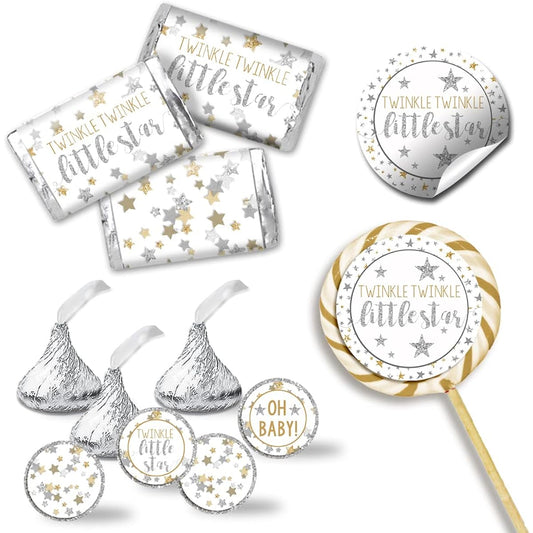 Amanda Creation Gold & Silver Twinkle Little Star Gender Neutral Baby Shower Stickers Bundle Kit - 429 Pieces!!! 60 2" Circle Stickers Favors & Goodie Bags, 45 Mini Candy Bar Wrappers & 324 Round Candy Kiss Stickers