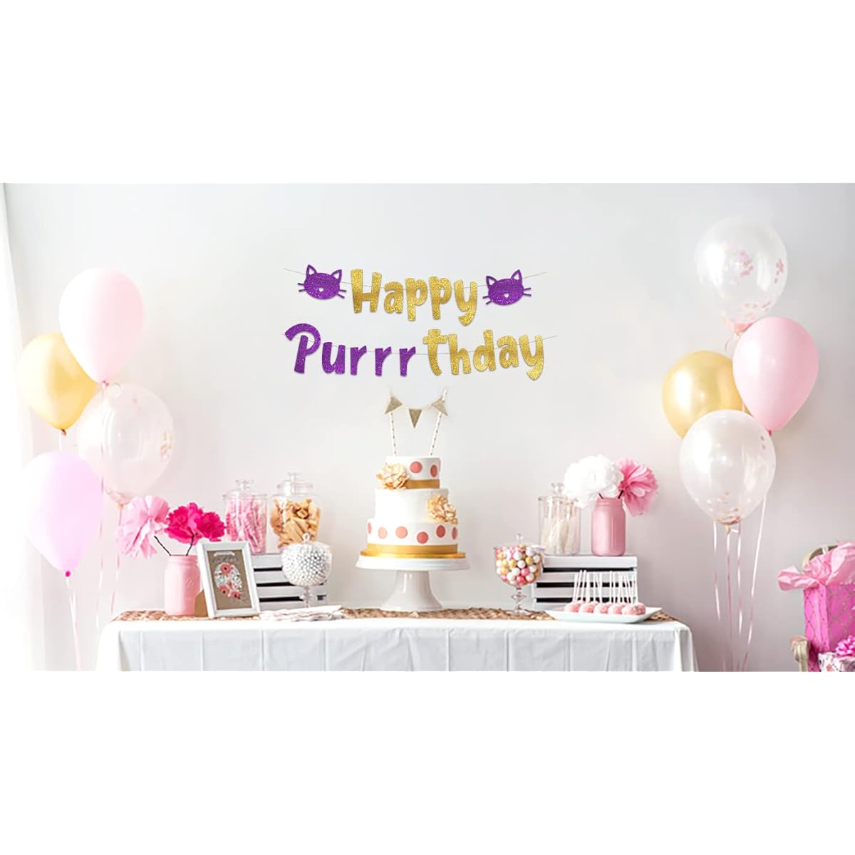 Happy Purrrthday Glitter Banner - Cat Birthday Banner and Decorations - Funny Kitten Birthday Party Supplies and Gifts