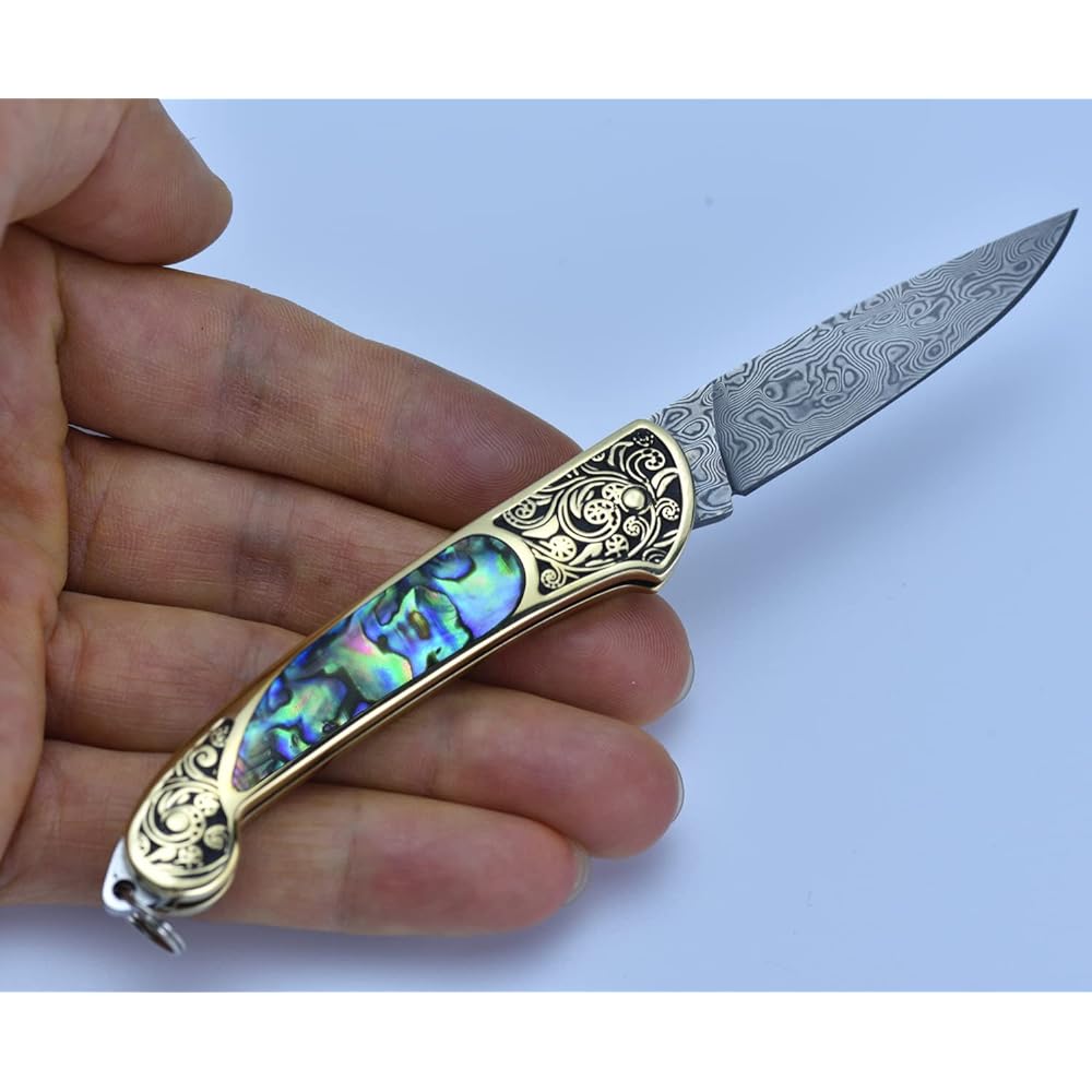 JPCRMOV Folding Knife Damascus Steel Folding Knife Outdoor Knife Pocket Knife Camping Knife Folding Brass + Avalon Shell Handle Keychain Included