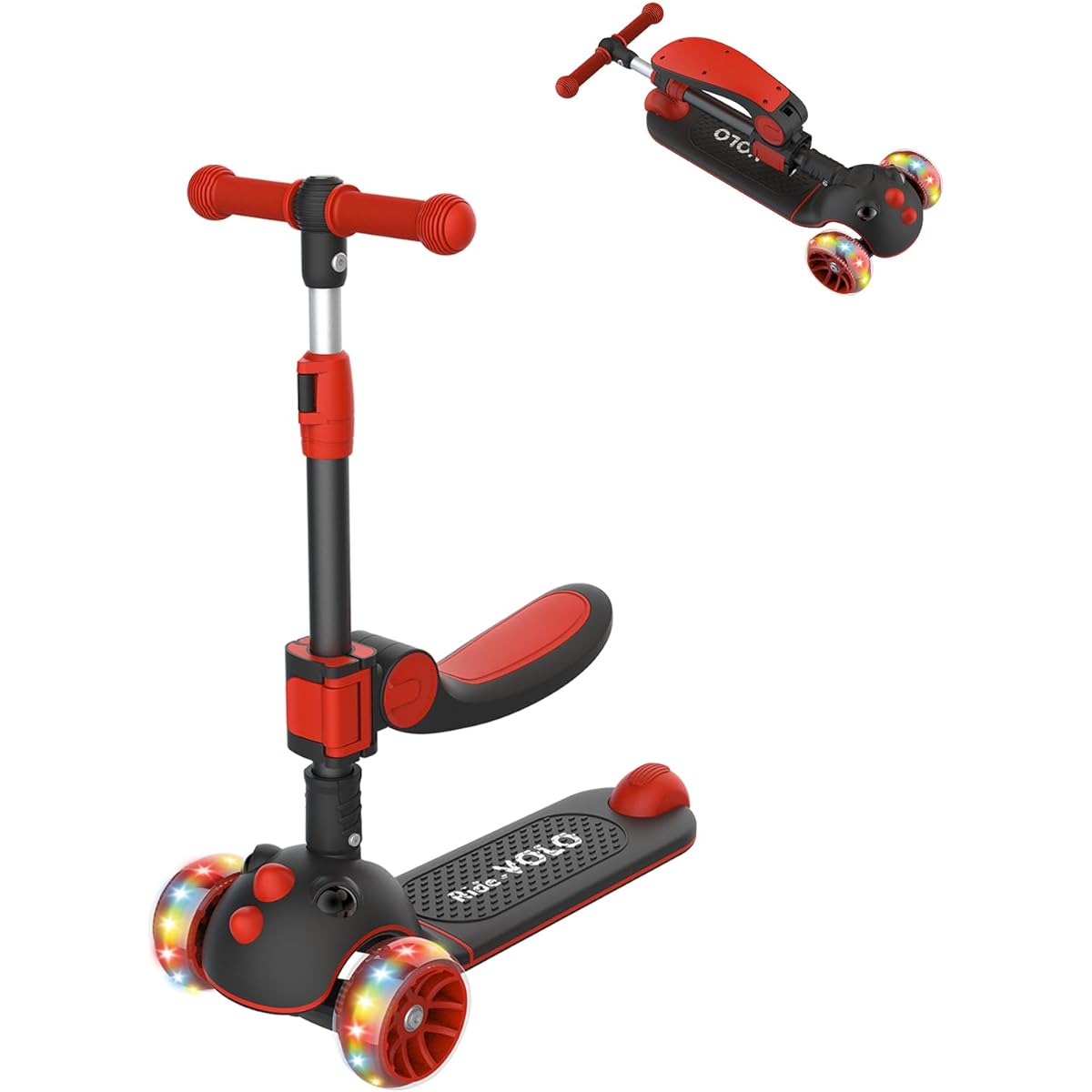 Kick Scooter for Kids, RideVOLO Kickboard, 2-Way Tricycle, 3-Level Height Adjustment, 62/74/81cm, Illuminated LED Tires, Foldable, Adjustable Seat Height, Directional Change, Load Capacity 50kg, Suitable for Outdoor Use, Toy, Stable, Perfect Gift, Red